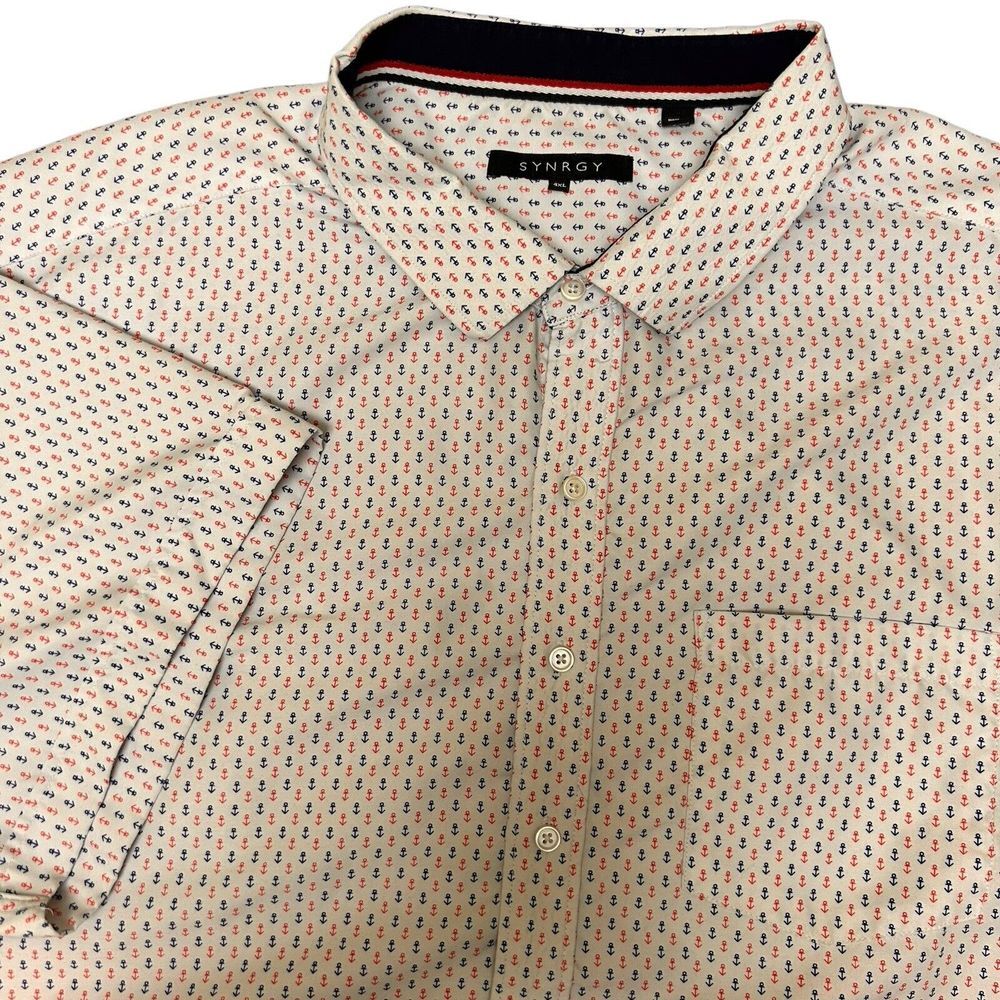 Synrgy Shirt Mens 4XL White Red Blue‎ Anchor Button Up Short Sleeve